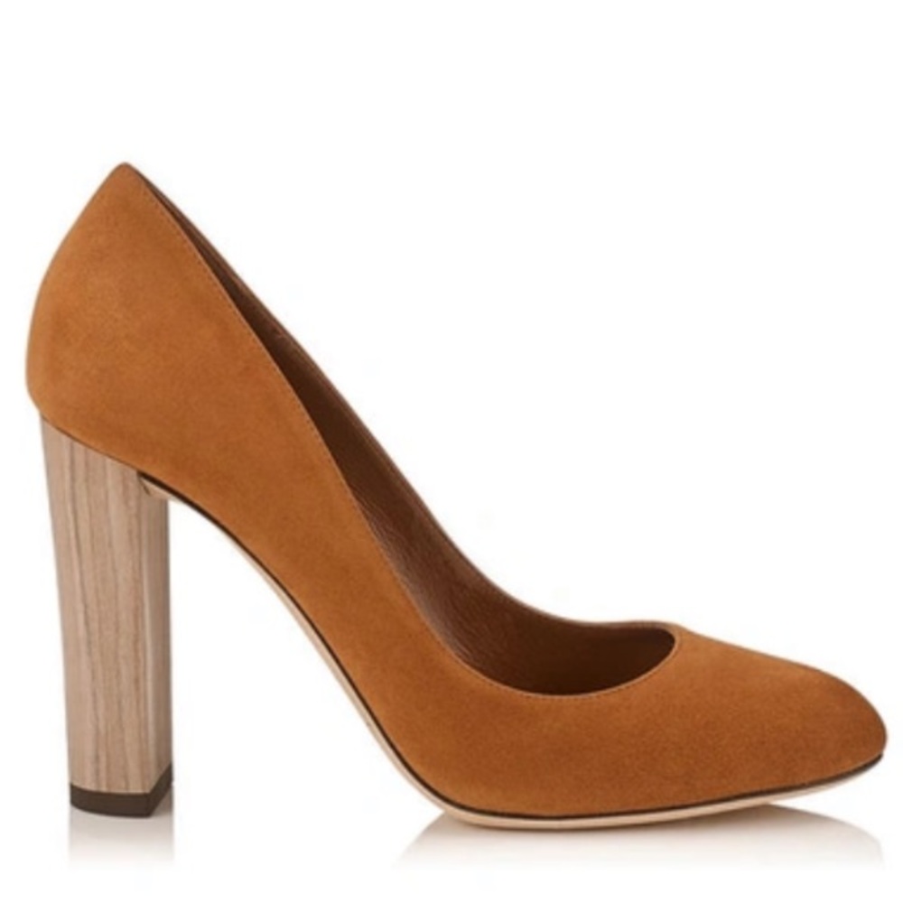 Jimmy Choo | Canyon Tan Suede Round Toe Laria Wood Heel Pumps